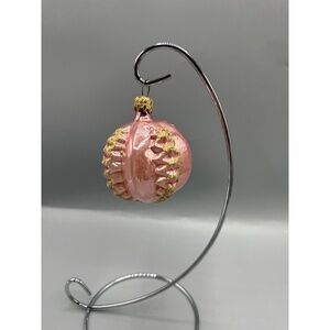 W Germany Pink‎ Gold Glass Ornament Glitter Ribbed Christmas Holiday Collectible